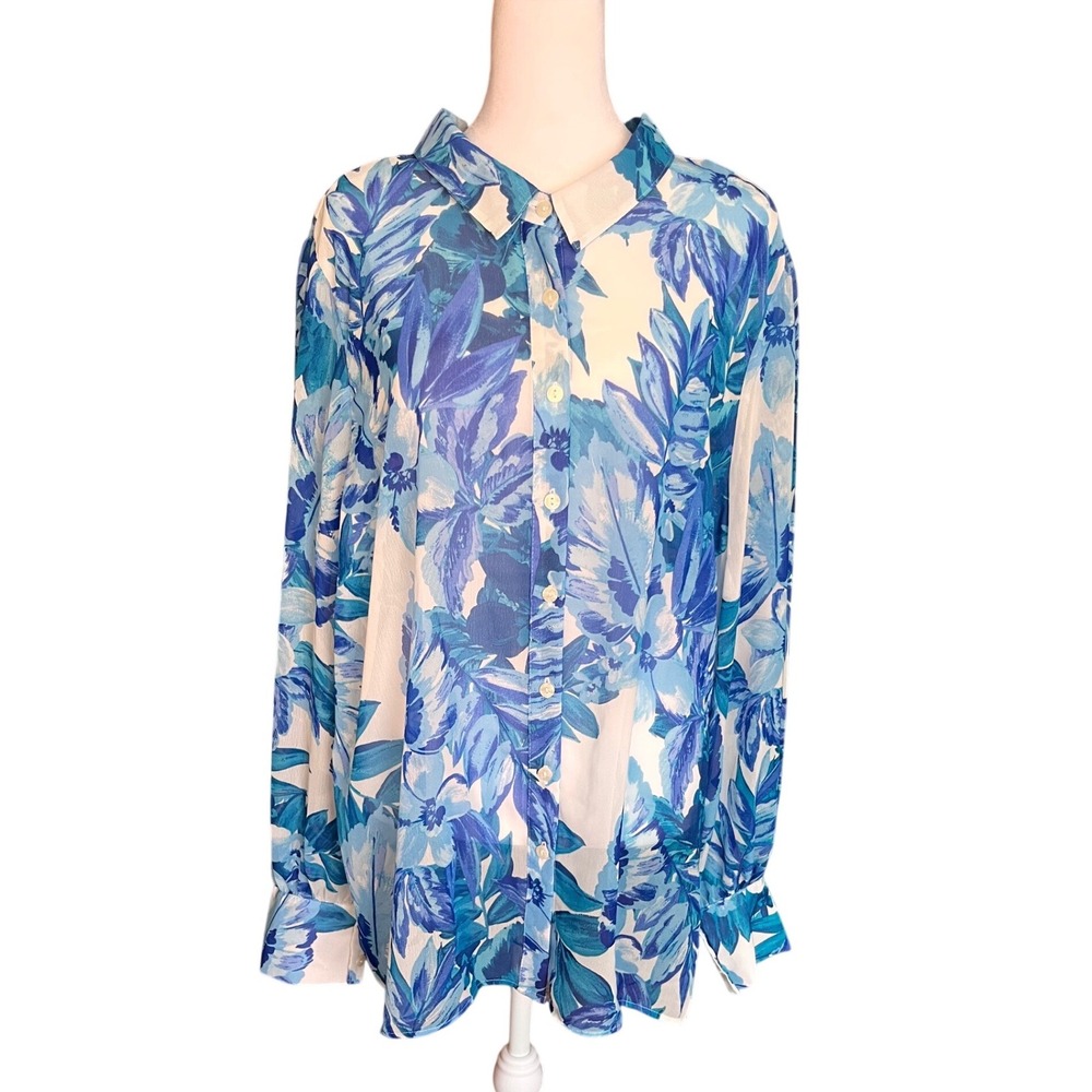 Stella + Ginger Blue Tropical Leaf Print Button Down Blouse Womens 2X NWT